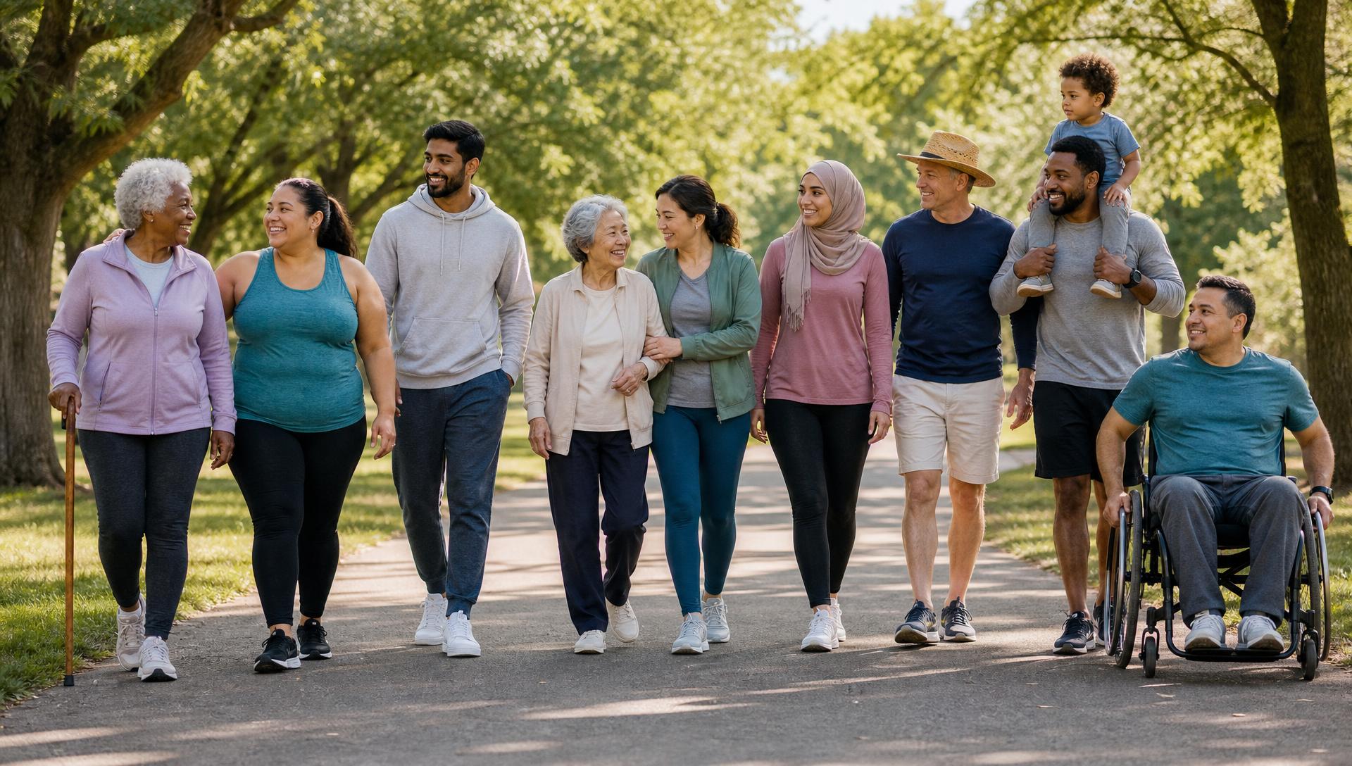 Diverse group of adults walking together in a sunny park